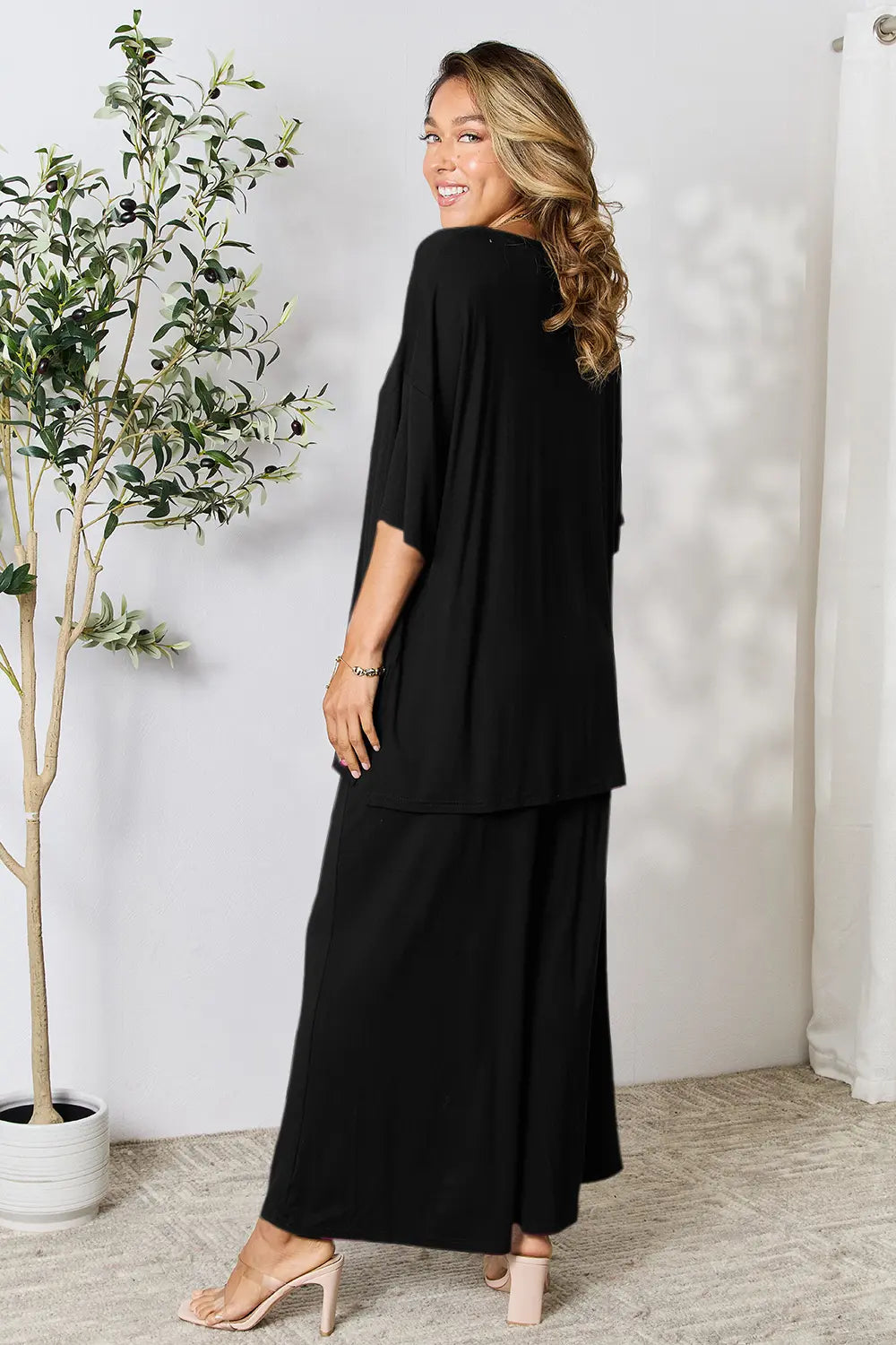 Double Take Full Size Round Neck Slit Top and Pants Set - kinko