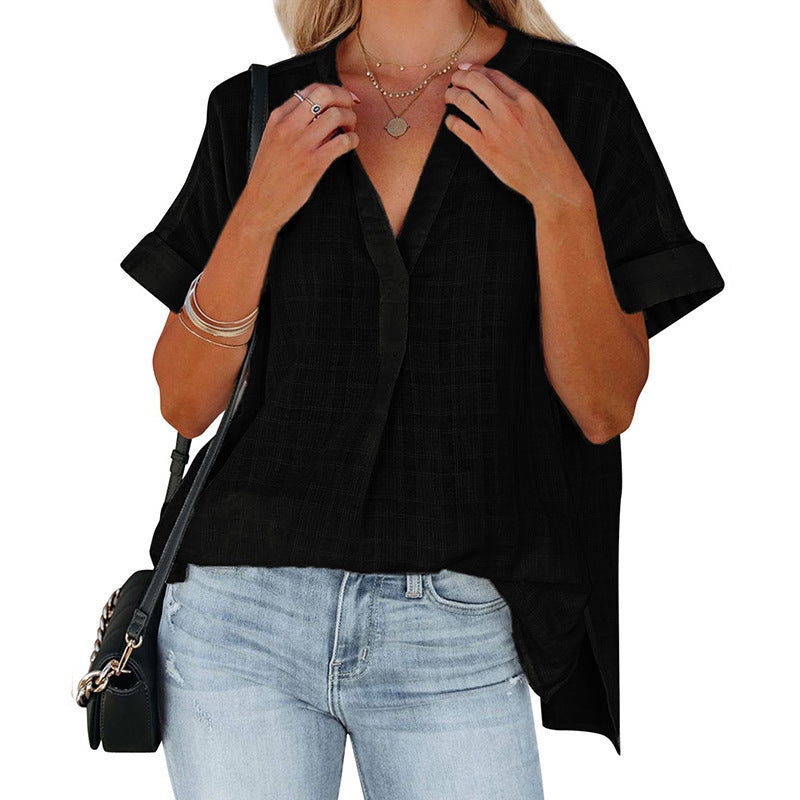Women's Short Sleeve Thin V-neck Pullover Loose Shirt - kinko