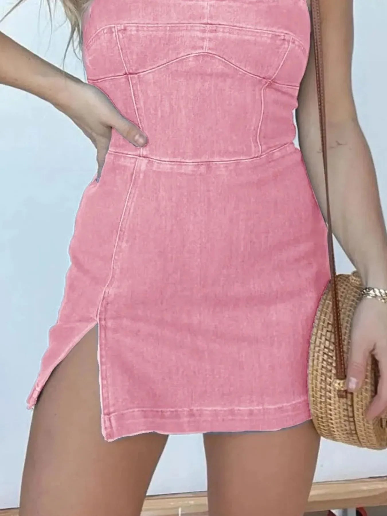 Full Size Slit Square Neck Denim Dress Plus Size - kinko
