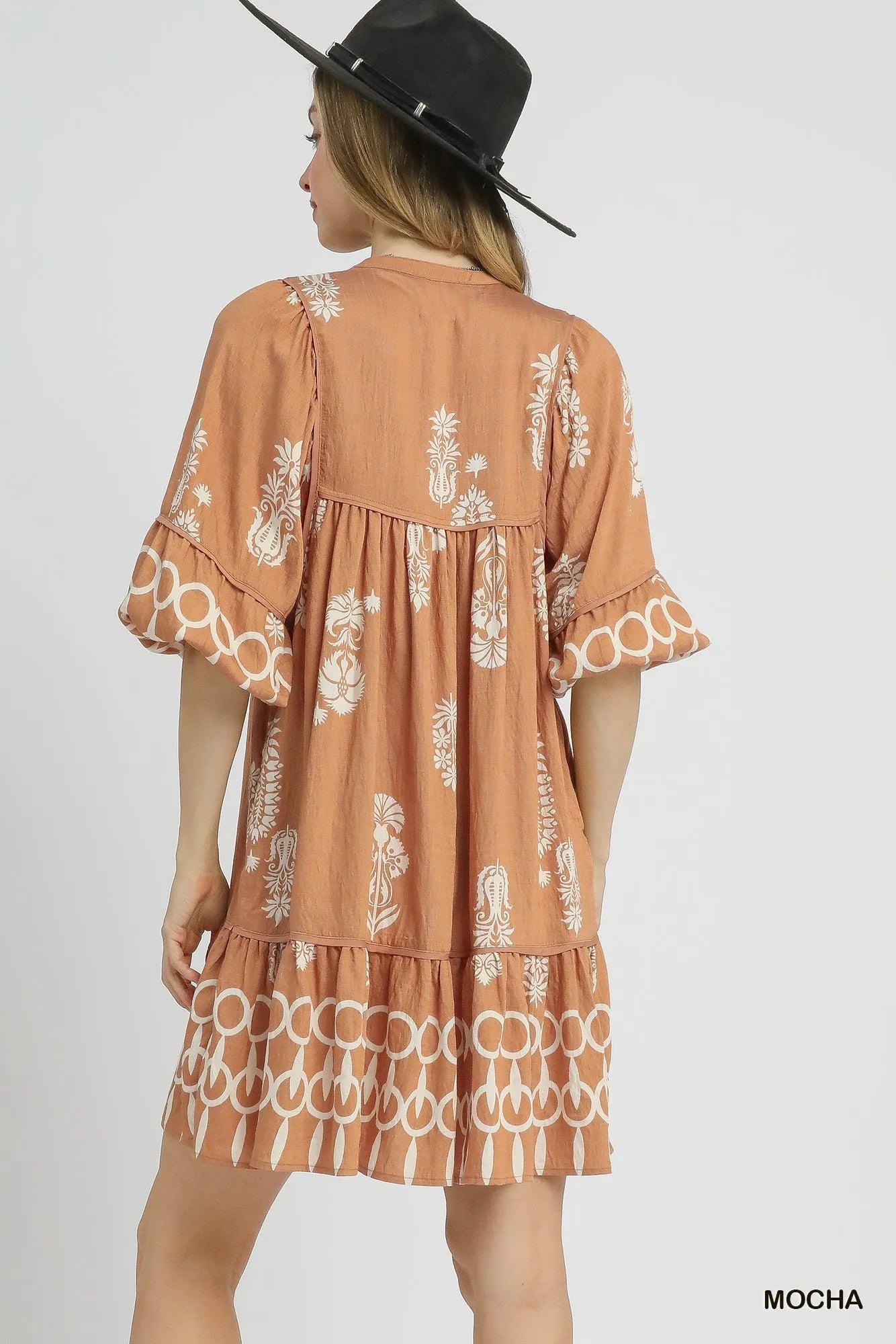 Umgee Boarder Print Tassel Tie Neck Mini Dress - kinko