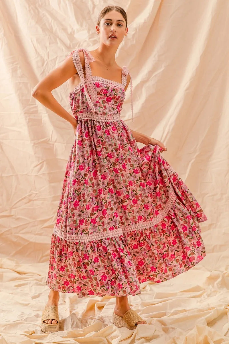 SO ME Floral Maxi Dress With Ribbon Tie Lace Strap - kinko