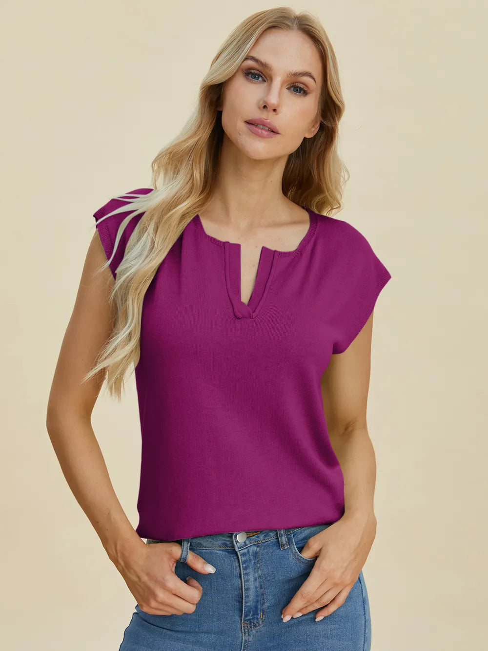 Double Take Full Size Notched Cap Sleeve Knit Top - kinko