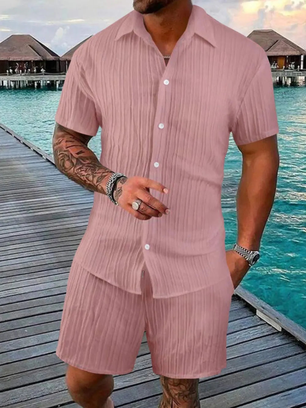 Men's Full Size Button Down Short Sleeve Shirt and Shorts Set Plus Size - kinko
