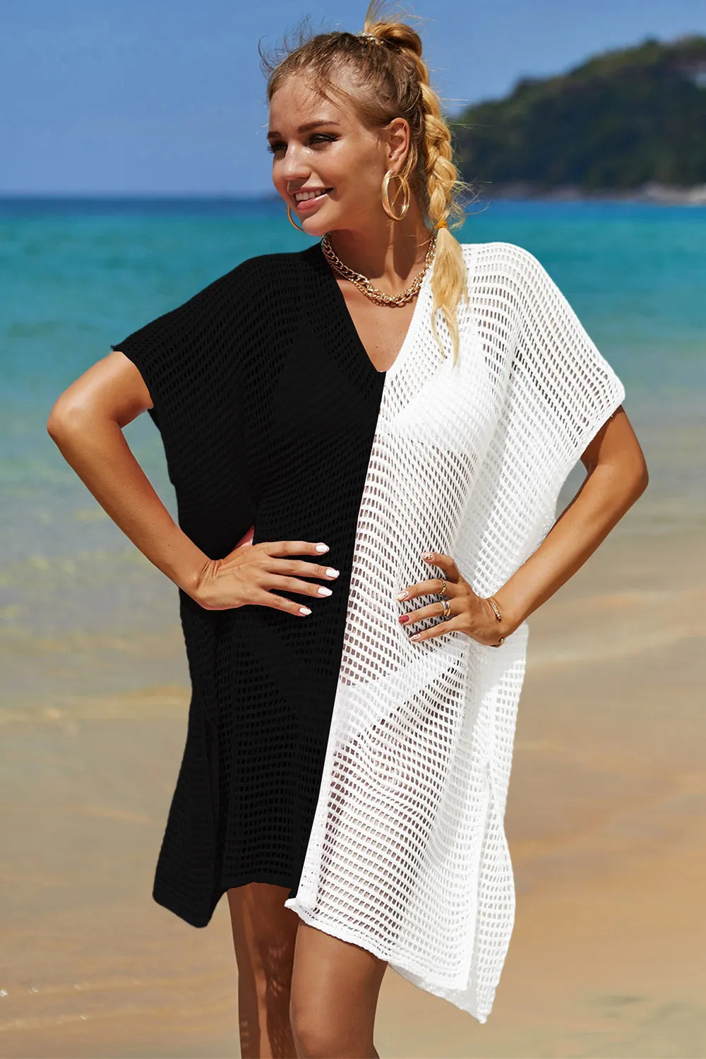 Angel Wings Openwork Contrast Slit Knit Cover Up - kinko