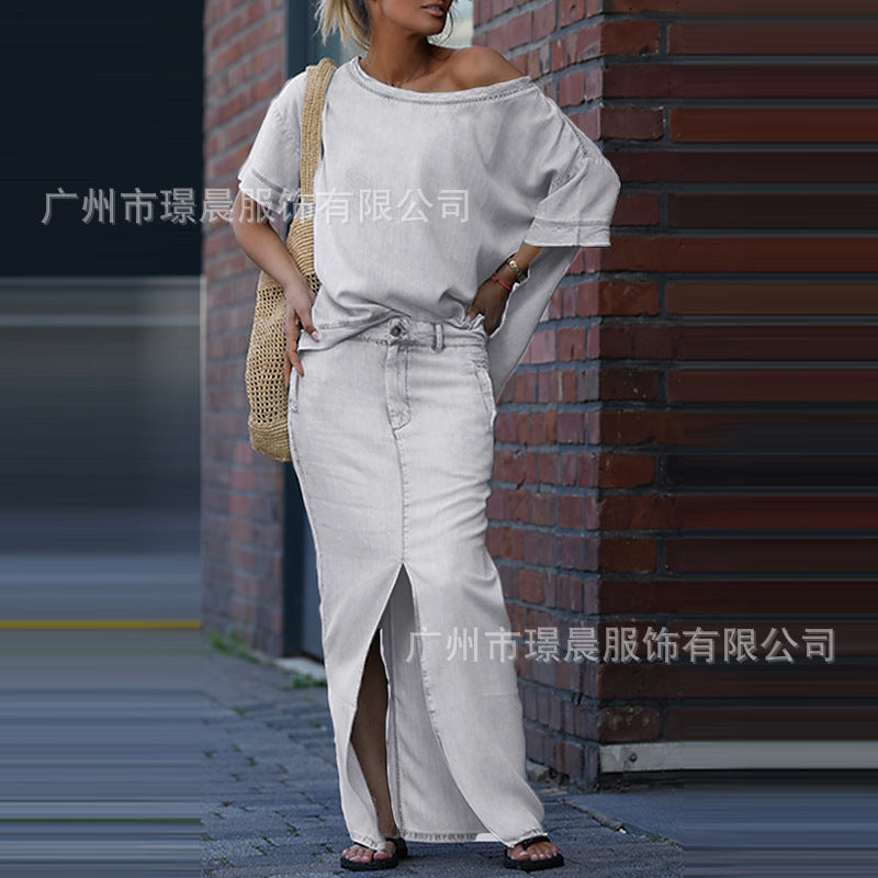 European And American Women's Fashion Tops Slit Skirt Two-piece Skirt Suit - kinko