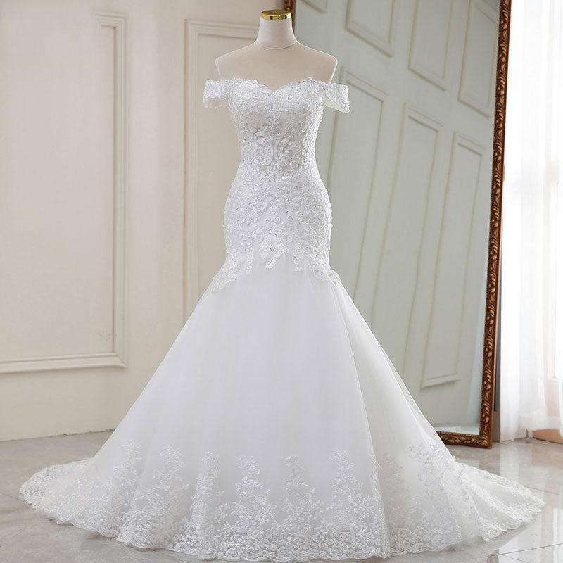 High Waist White Temperament Dream Lace Mid-waist Long Tail V-neck Wedding Dress - kinko