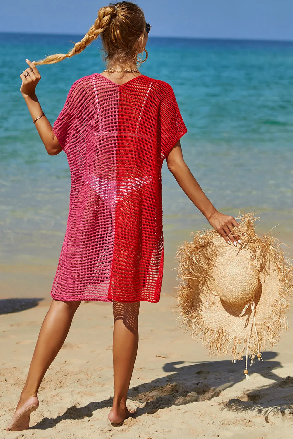 Angel Wings Openwork Contrast Slit Knit Cover Up - kinko