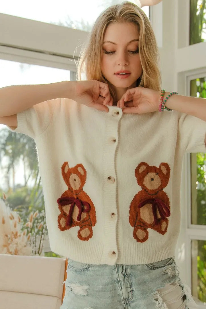 BiBi Teddy Bear With Bow Patched Sweater Button Down Top - kinko