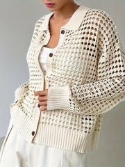 Hollow Out Knit Button Front Cardigan - kinko