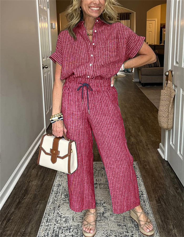 Women's Striped Suit Lapel Short Sleeve Straight Idle Style Trousers - kinko