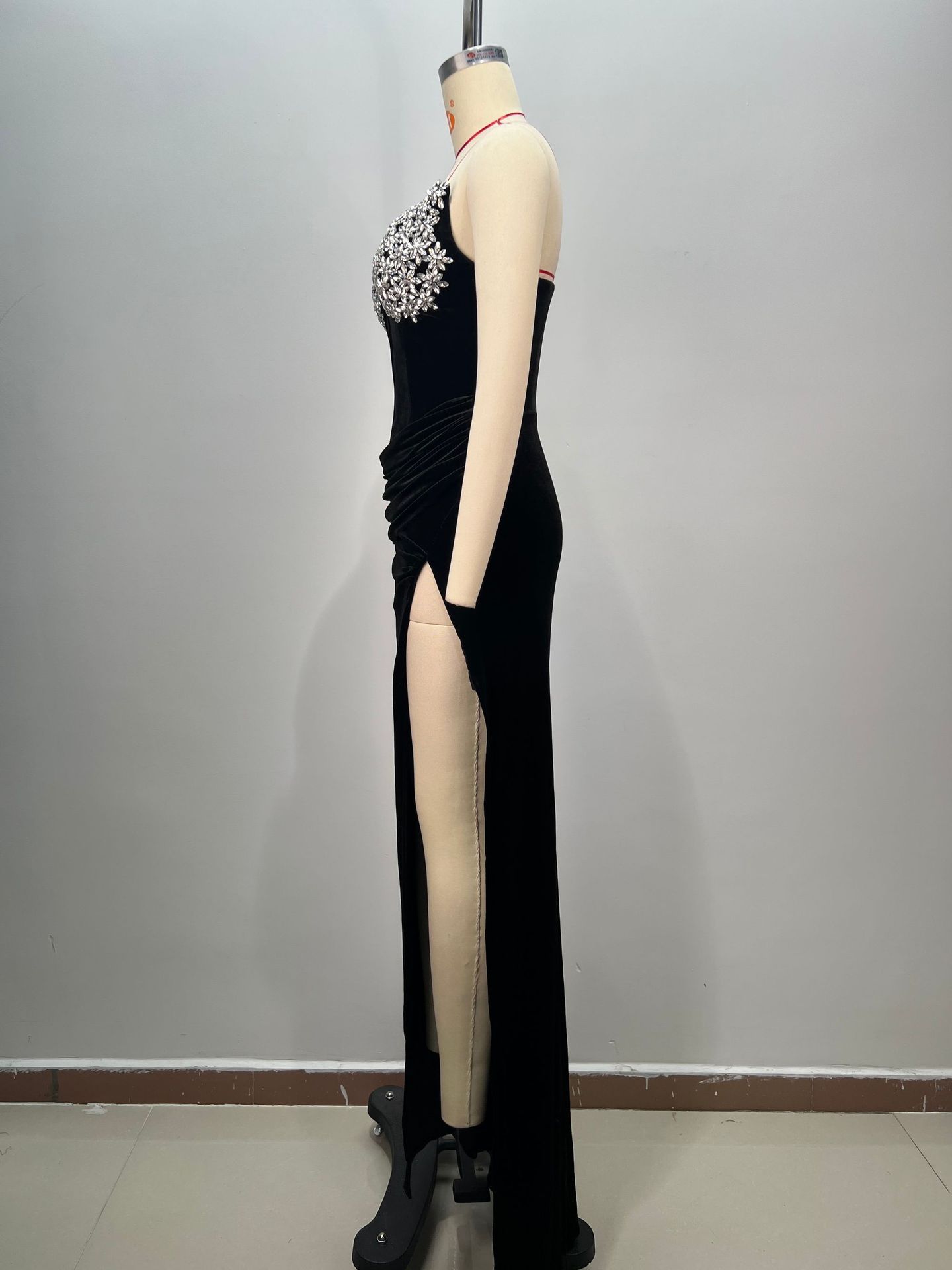 Women's Black Bandeau Slim-fit Hot Drilling Long Dress - kinko