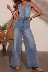 V-neck Wide Leg Denim Jumpsuit - kinko