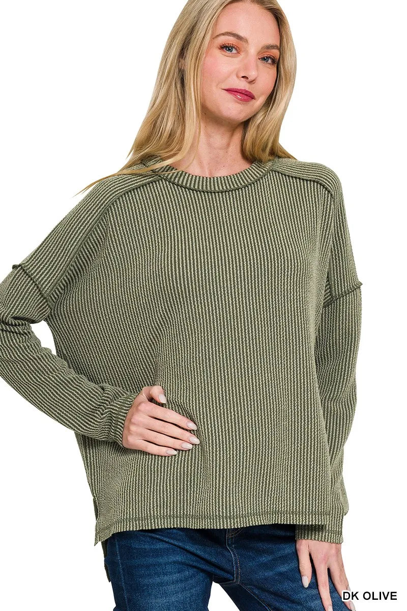 Zenana Full Size Exposed Seam Long Sleeve Corded Rib Knit Top Plus Size - kinko