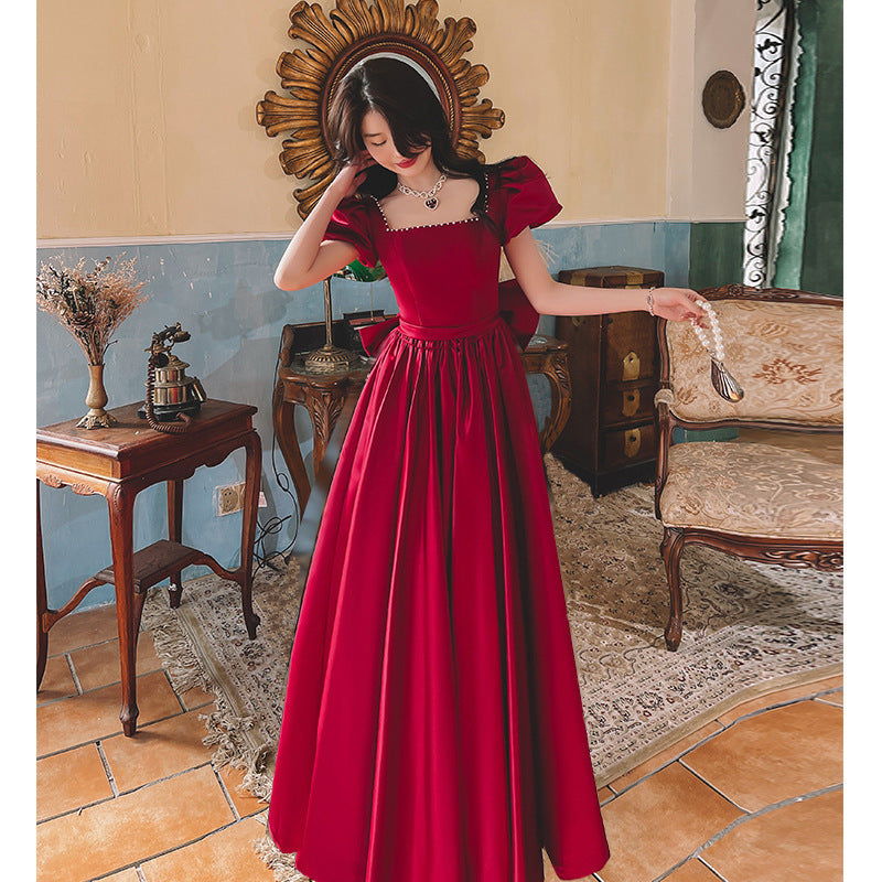 Winter Wine Red Engagement Daily French Princess On The Run Satin Dress - kinko