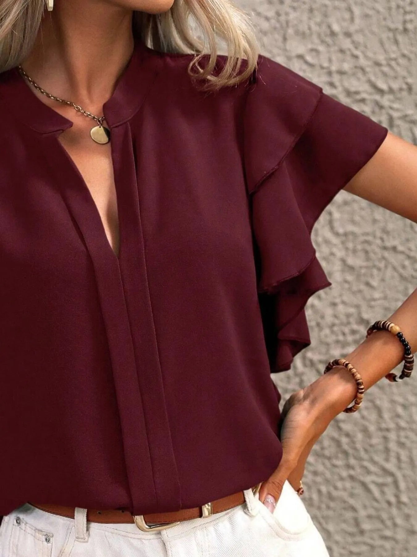 Ruffle Sleeve Notched Blouse - kinko