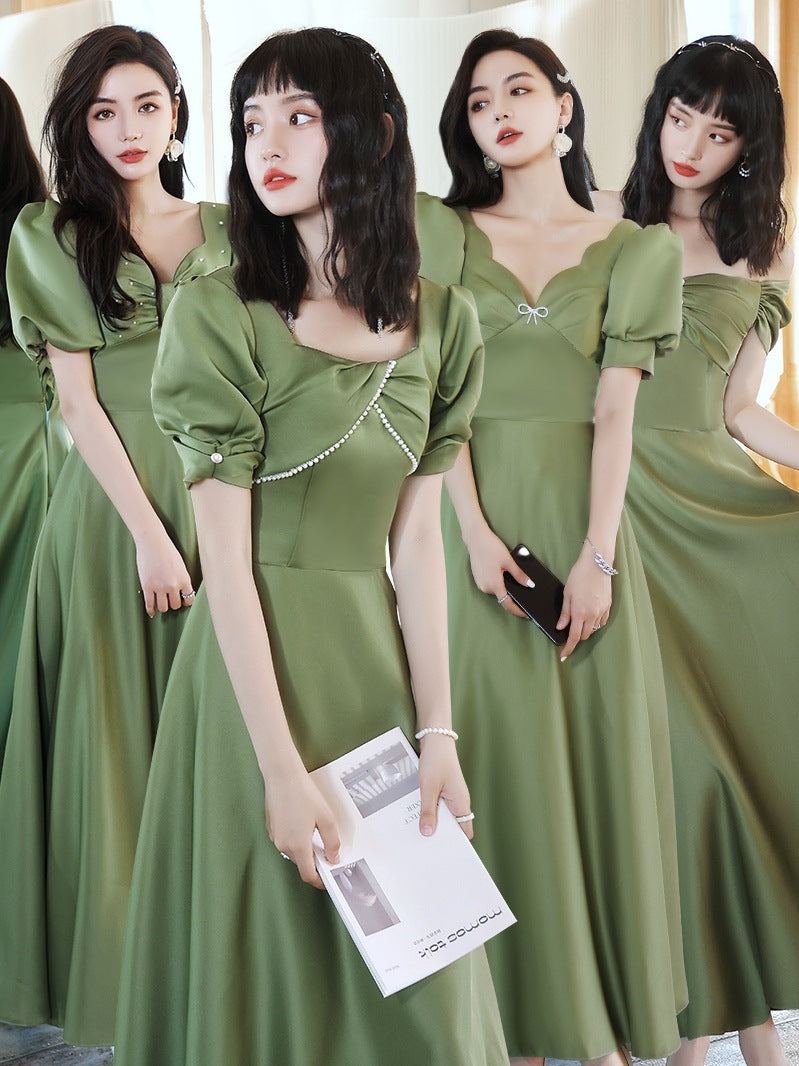 2024 Avocado Green Sisters Group Dress Skirt Women Satin Spring - kinko