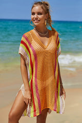 Angel Wings Openwork Striped Slit Knit Cover Up - kinko