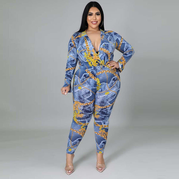 Plus Size Damen Herbst Neue Mode V-Ausschnitt Bedrucktes Hemd Hosenanzug