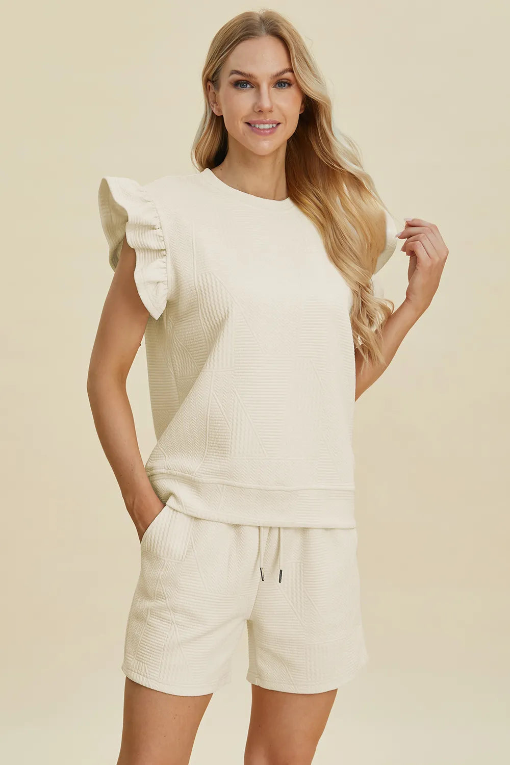 Double Take Full Size Texture Round Neck Ruffle Sleeve Top and Shorts Set - kinko