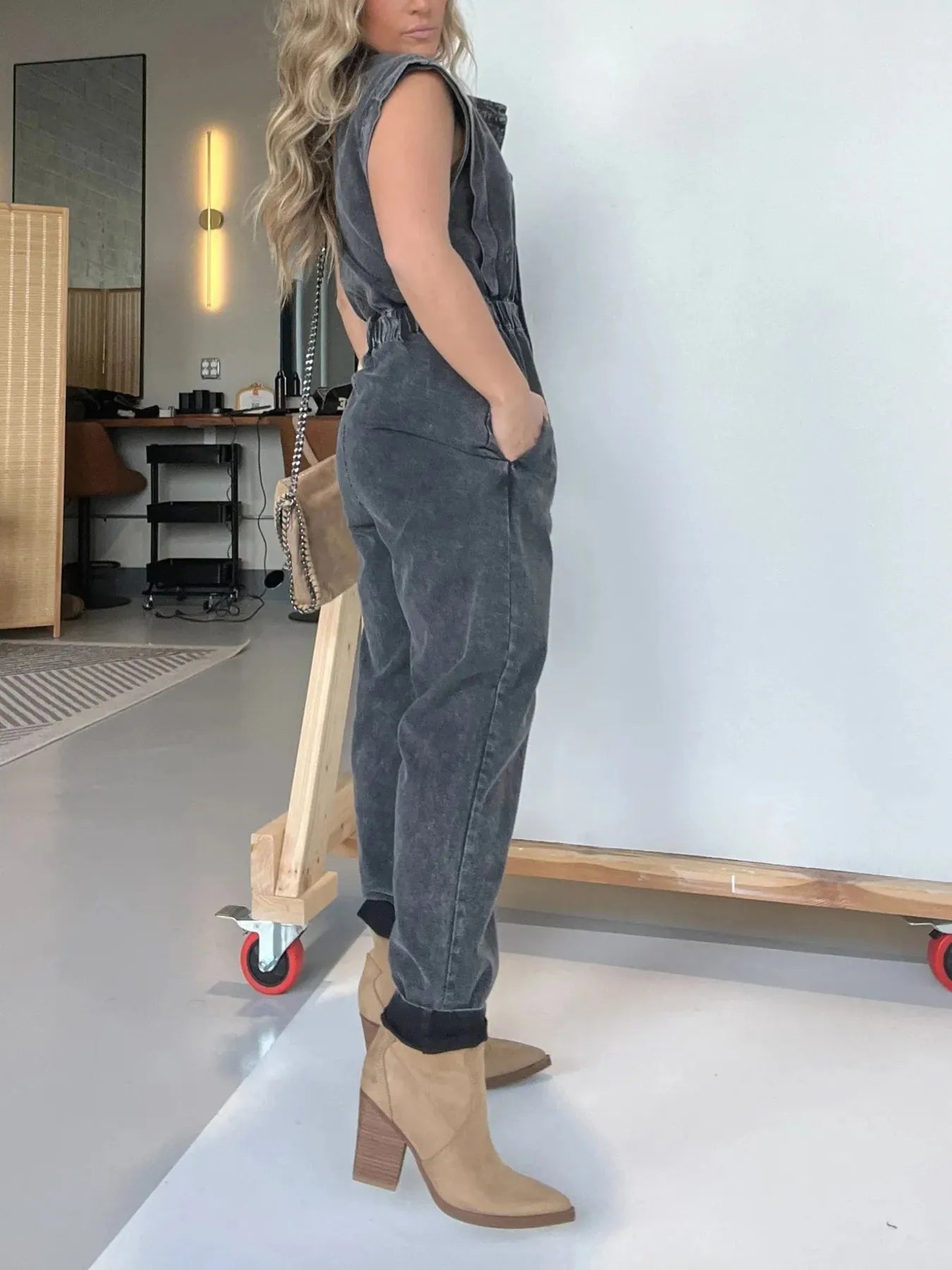 Full Size Button Front Cap Sleeve Denim Jumpsuit Plus Size - kinko