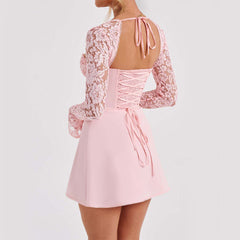 Y2K Lace Long Sleeve Dress Fashion Sexy Corset Backless Lace Up Short Dresses Womens Clothing - kinko