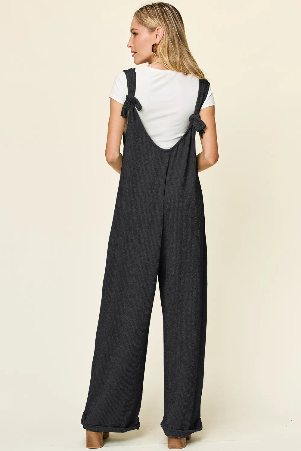 Double Take Full Size Texture Sleeveless Wide Leg Jumpsuit - kinko