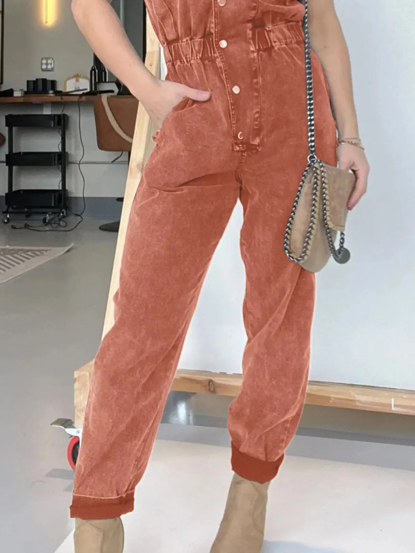 Full Size Button Front Cap Sleeve Denim Jumpsuit Plus Size - kinko