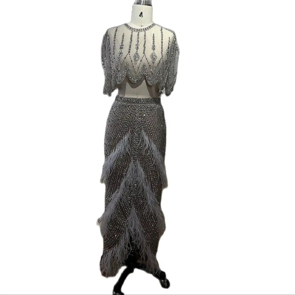 European And American Silver Nude Slim-fit Feather Shawl Host Performance Ladies' Evening Dress - kinko