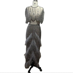 European And American Silver Nude Slim-fit Feather Shawl Host Performance Ladies' Evening Dress - kinko