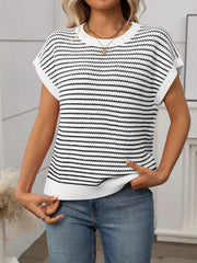 Striped Round Neck Short Sleeve Knit Top - kinko