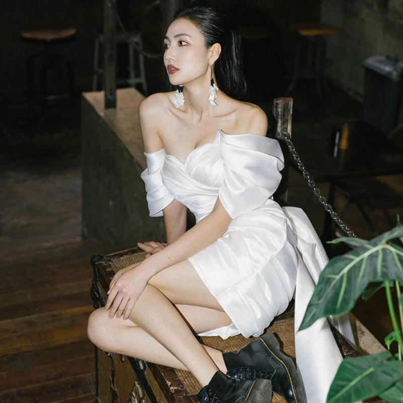 Short Model In White Color Engagement Dress - kinko