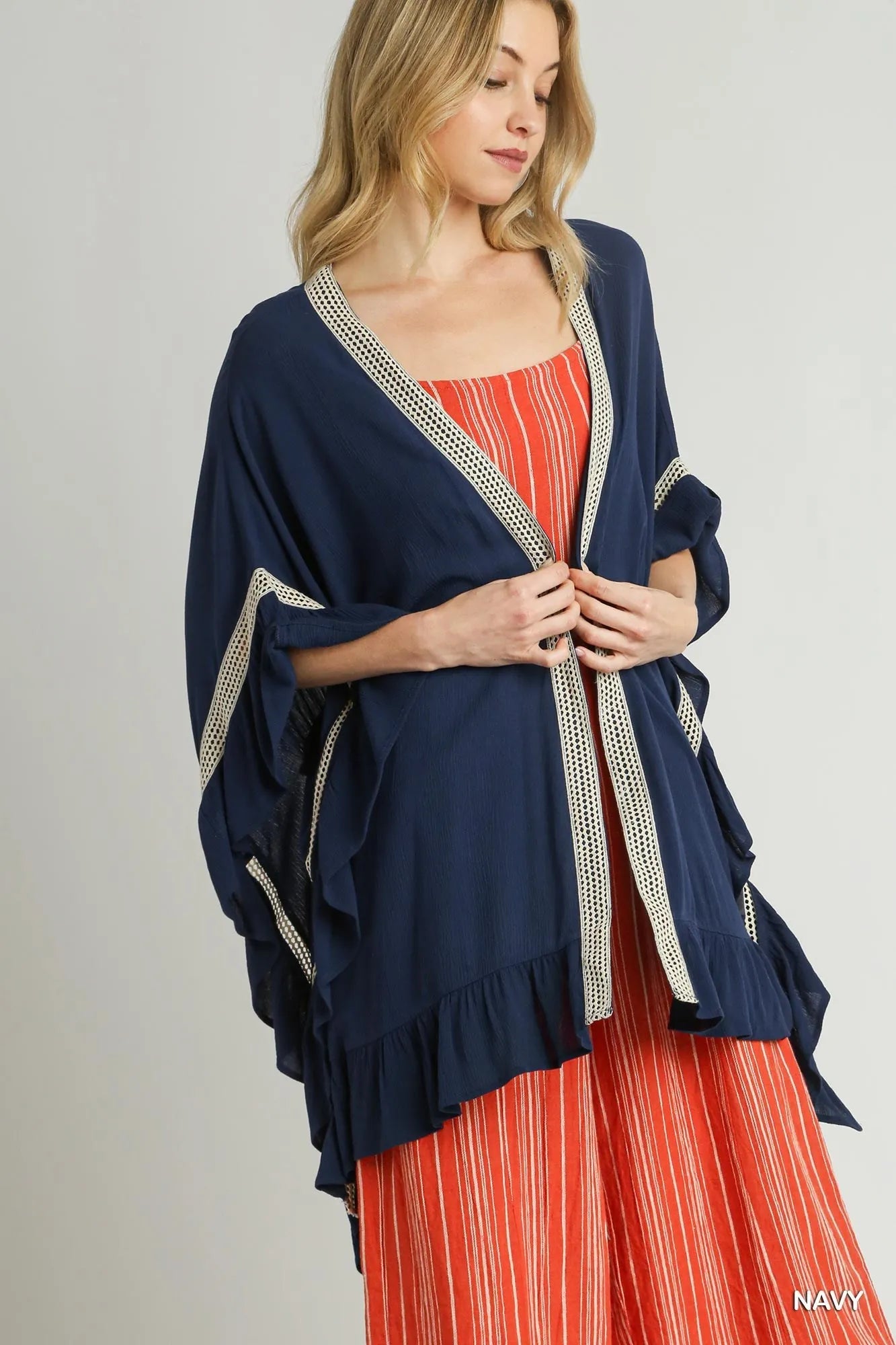 Umgee Ruffle Trim Kimono with Crochet Accent - kinko