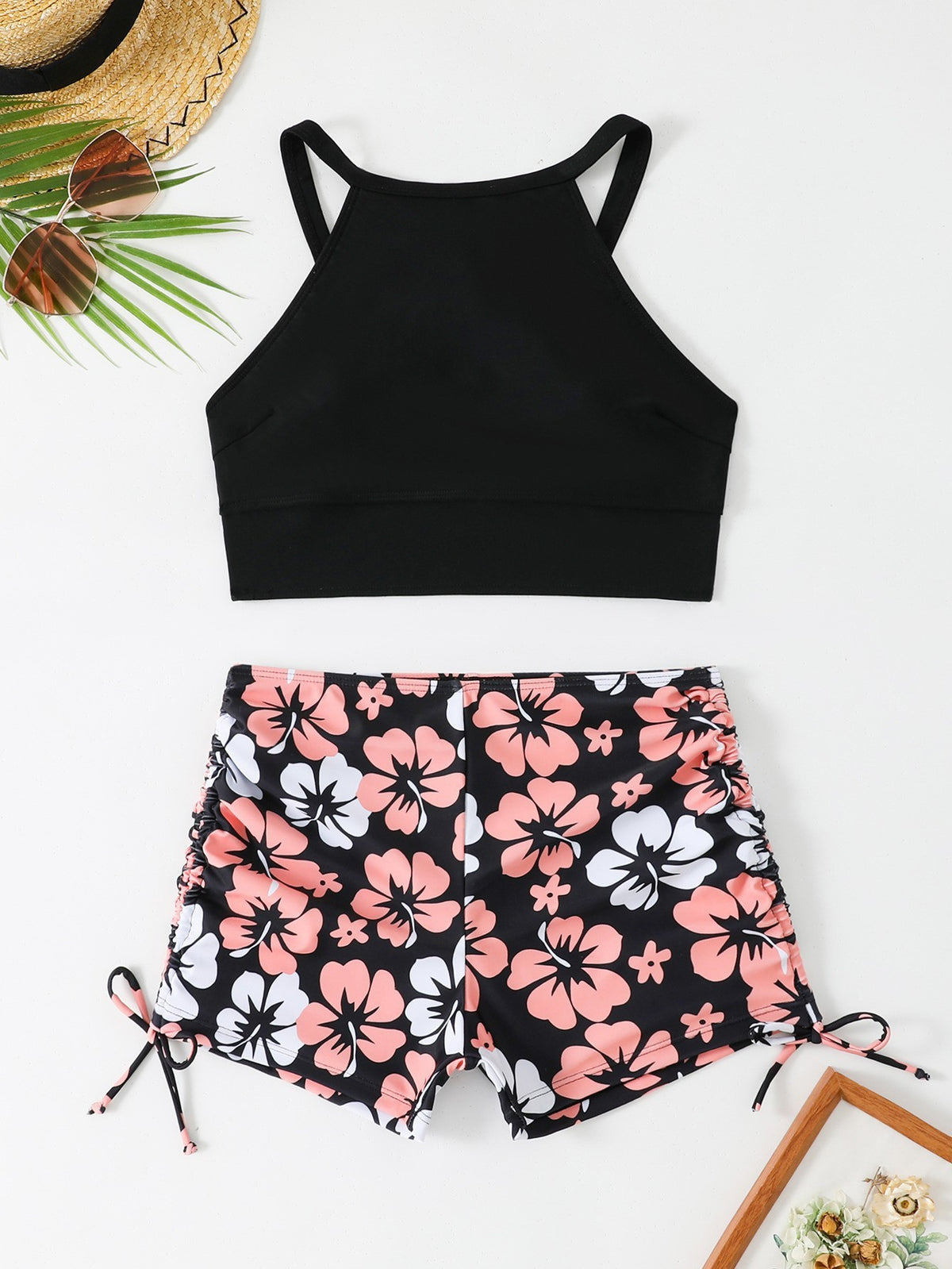 Vest High Waist Drawstring Conservative Split Boxers Bikini Swimsuit - kinko