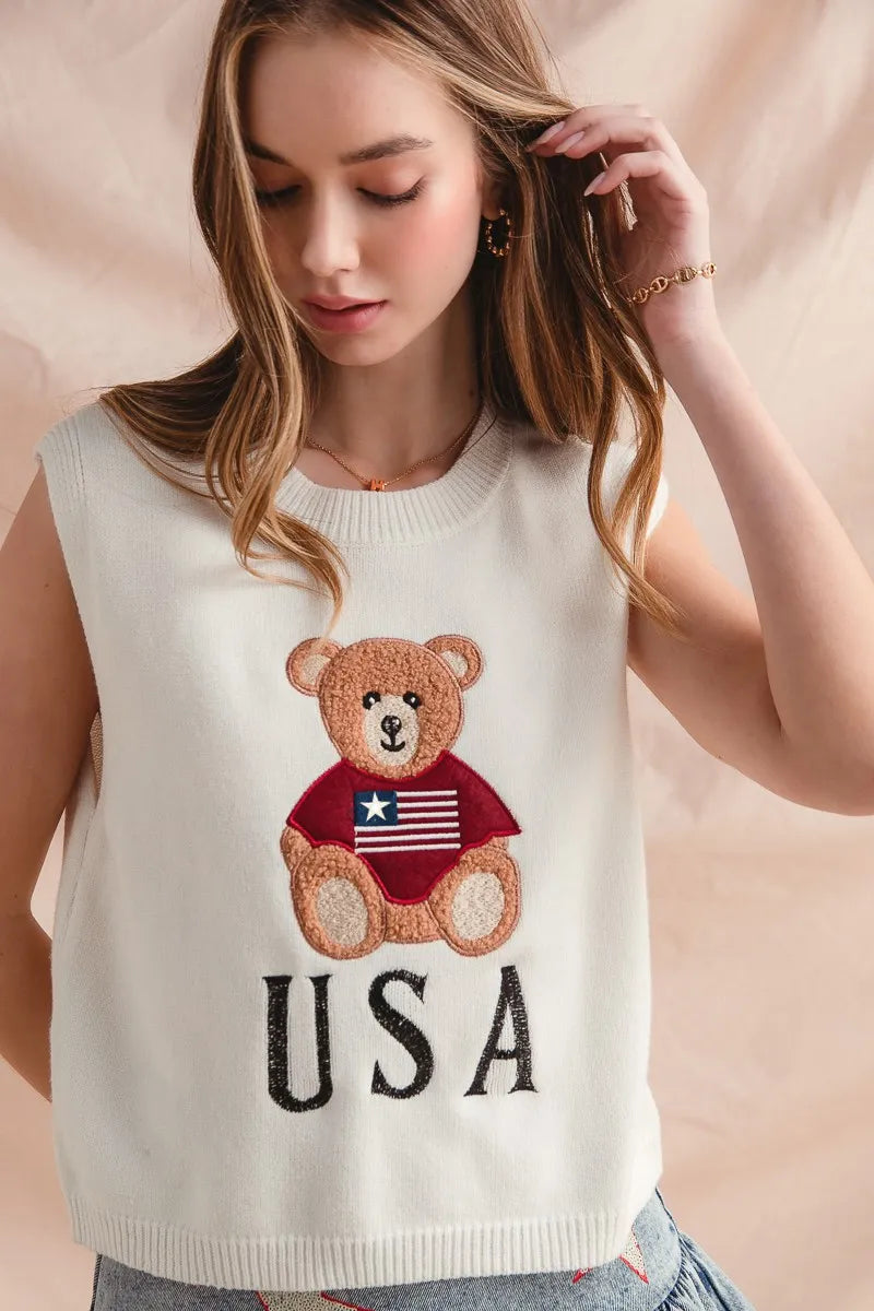 SO ME Teddy Bear Wearing An American Flag With Usa Embroidered Sweater Vest - kinko