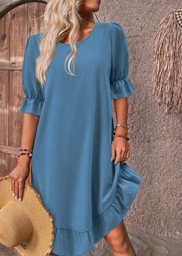 Fashion Ruffle Short-sleeved Dress Summer Solid Color Round Neck Loose Straight Dresses Womens Clothing - kinko