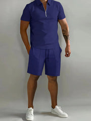 Men's Full Size Collared Neck Short Sleeve Top and Shorts Set Plus Size - kinko