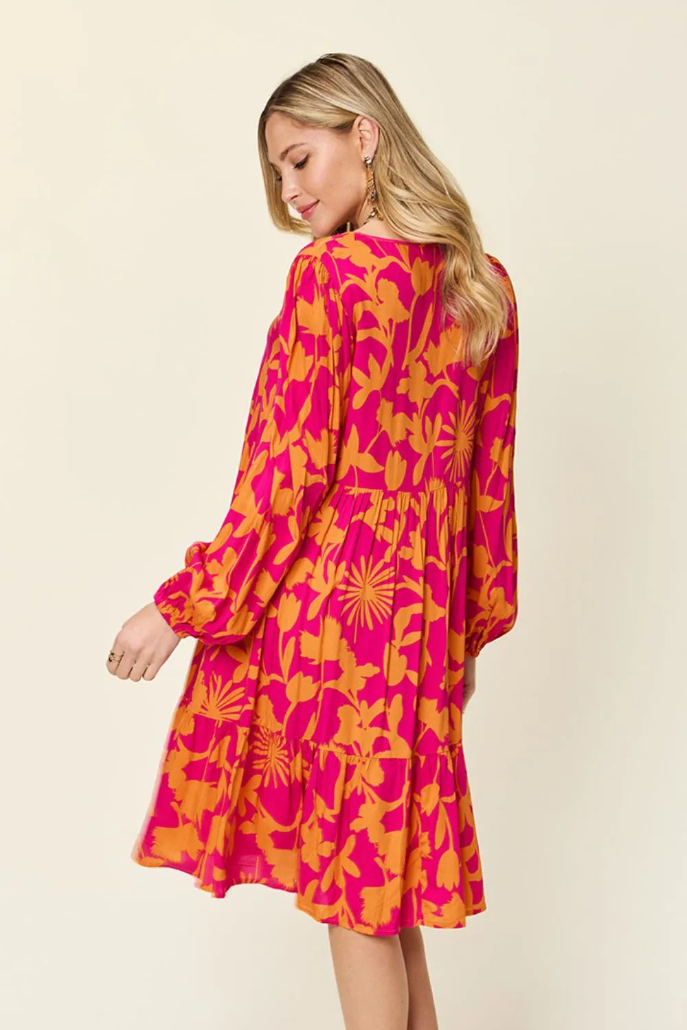 Double Take Full Size Printed Ruffle Hem Dress with Pocket - kinko