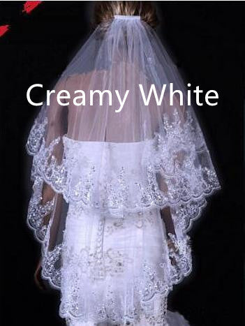 Bridal Sequined Polyester Veil Face Cover Two Layers Lace Sideband - kinko
