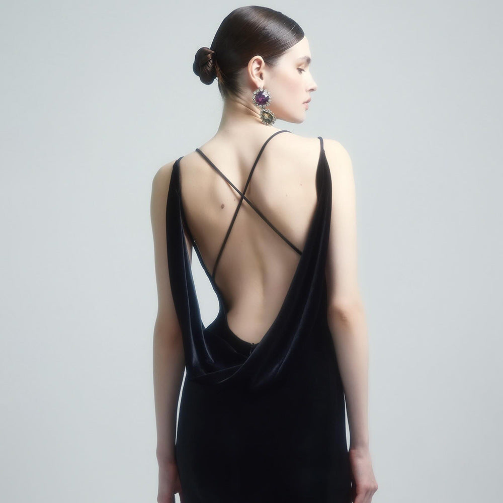 Black Camisole Backless Slim Fit Golden Flower Dress - kinko