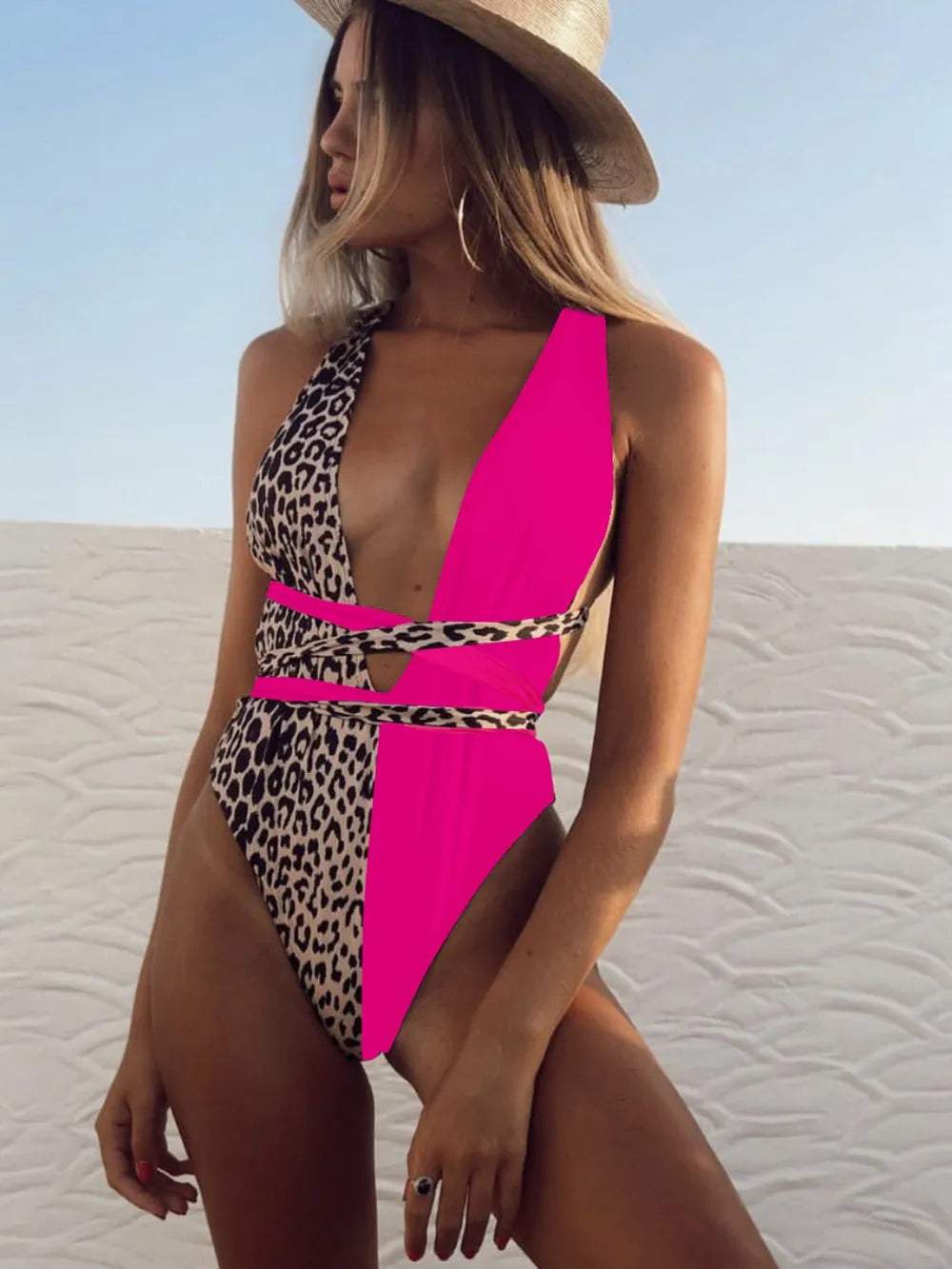 Tied Leopard Plunge One-Piece Swimwear - kinko