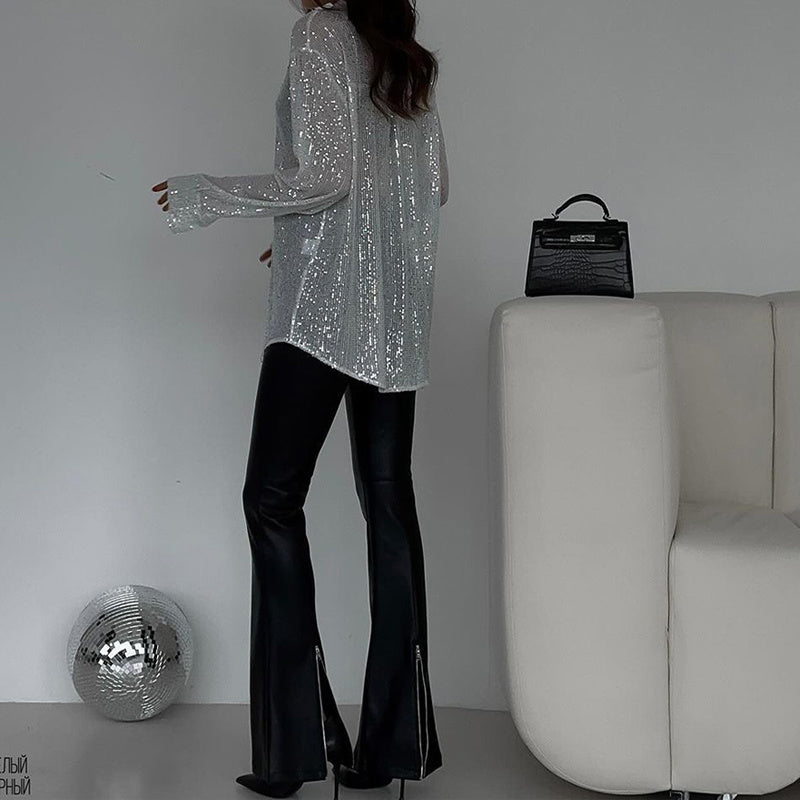 Elegant Women's Sequin Shirt - Stylish Long Sleeve Button-Up Blouse With Glitter Details, Perfect For Party & Casual To Formal Wear - kinko