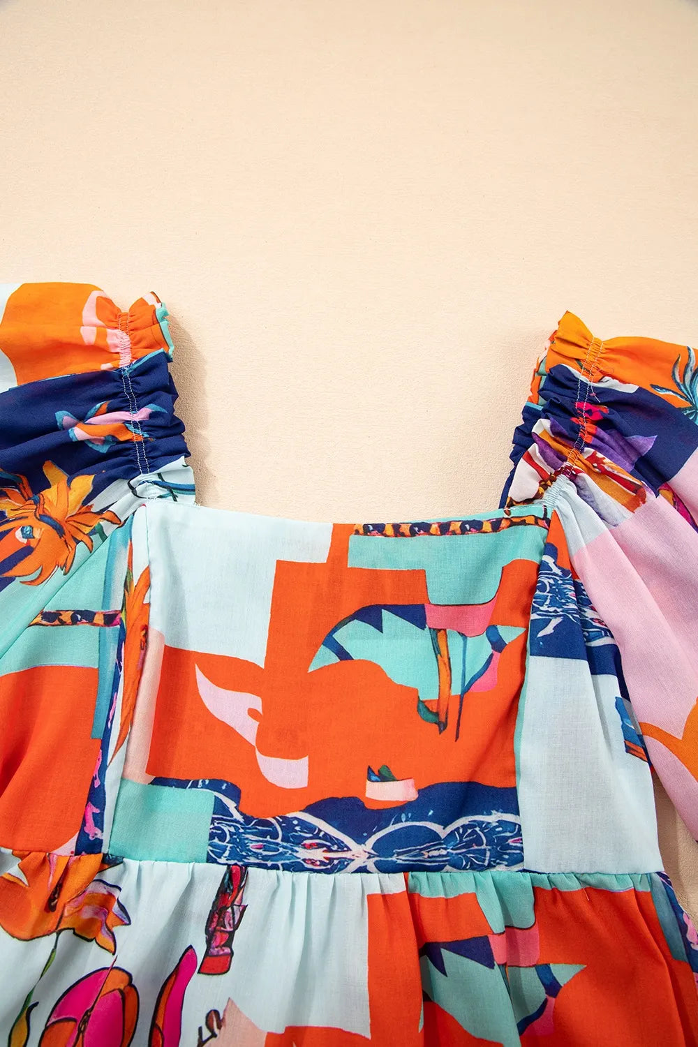 Printed Square Neck Ruffled Short Sleeve Blouse - kinko
