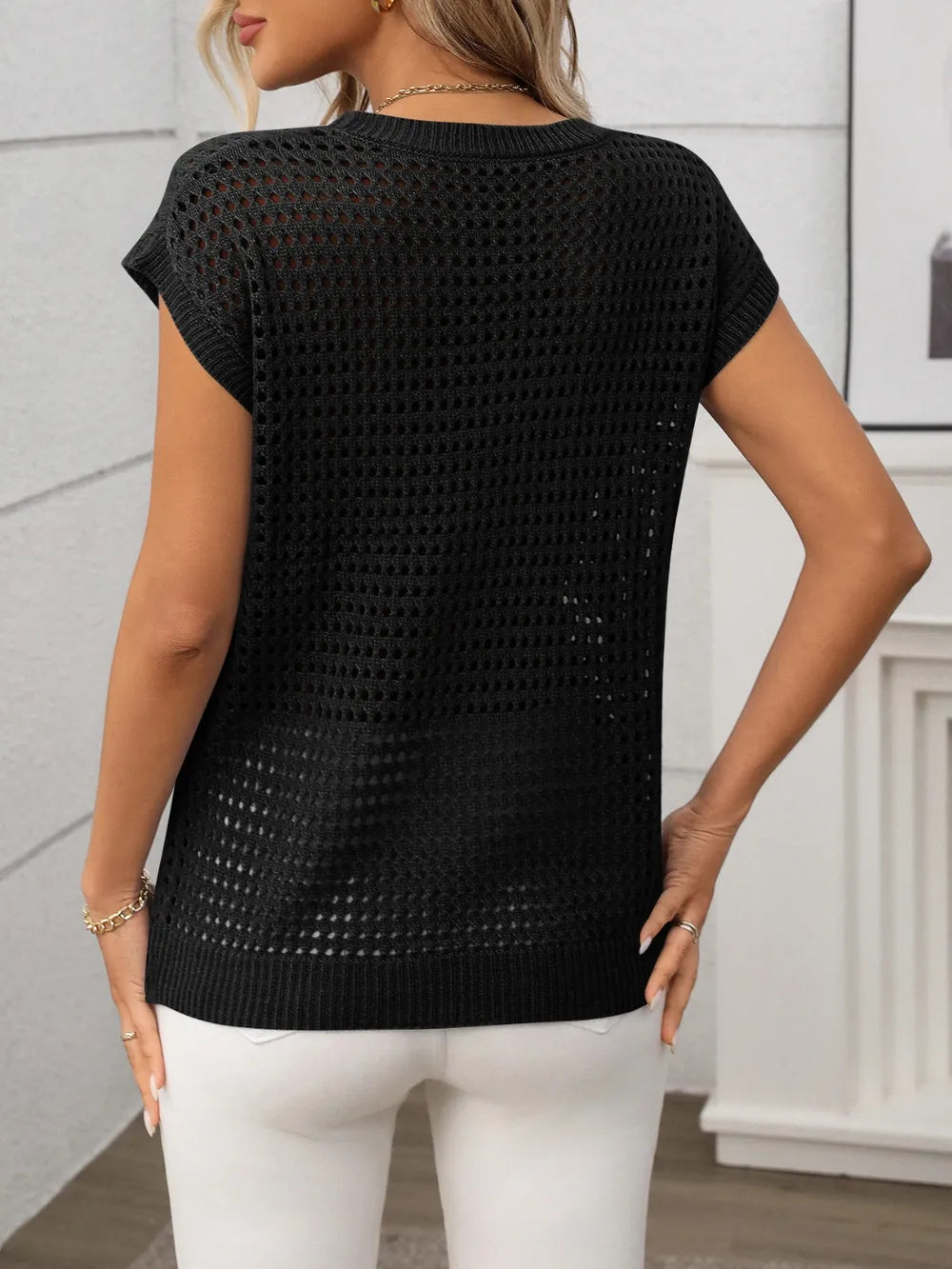 Openwork Round Neck Short Sleeve Knit Cover Up - kinko