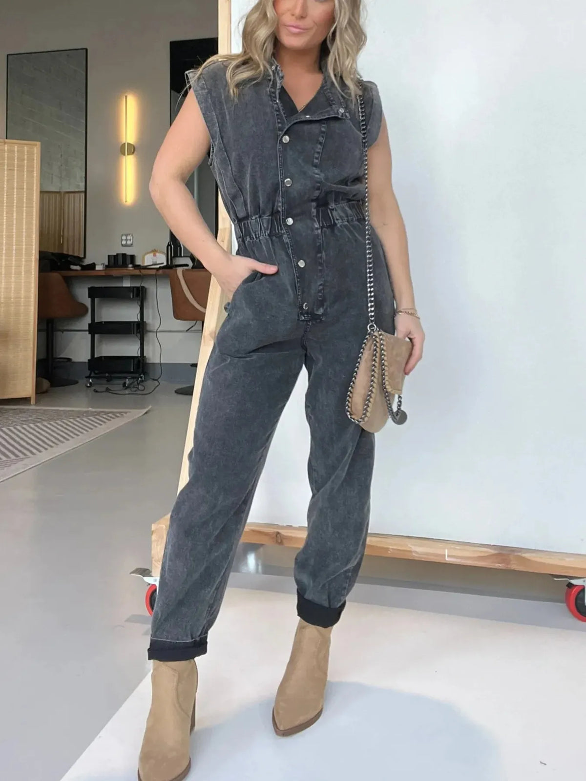 Full Size Button Front Cap Sleeve Denim Jumpsuit Plus Size - kinko