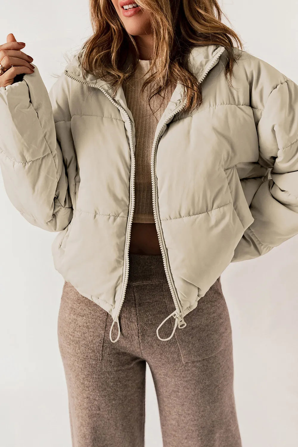 Zip Up Collared Neck Long Sleeve Winter Coat - kinko
