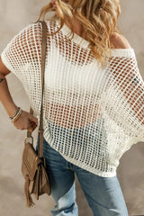 Openwork Round Neck Half Sleeve Knit Cover Up - kinko