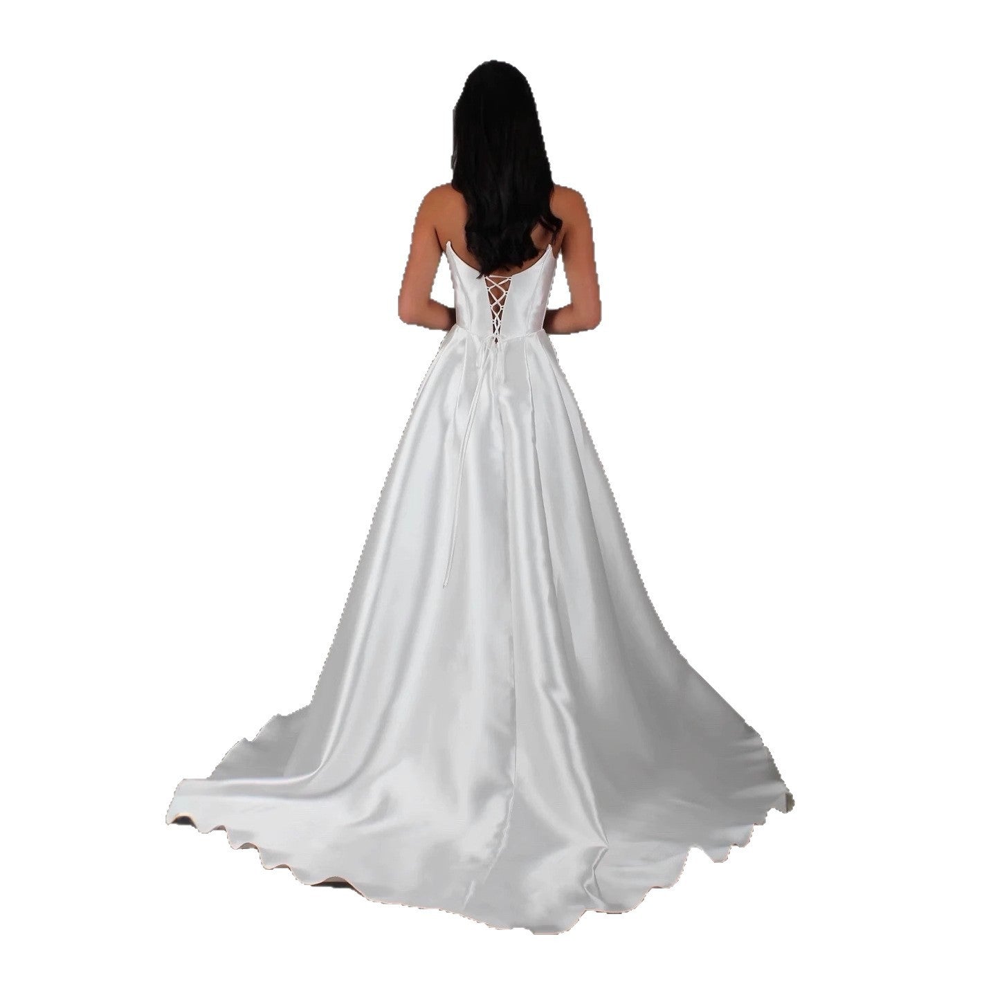 White Satin Slit Pocket Bandage Wedding Dress - kinko