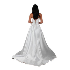 White Satin Slit Pocket Bandage Wedding Dress - kinko