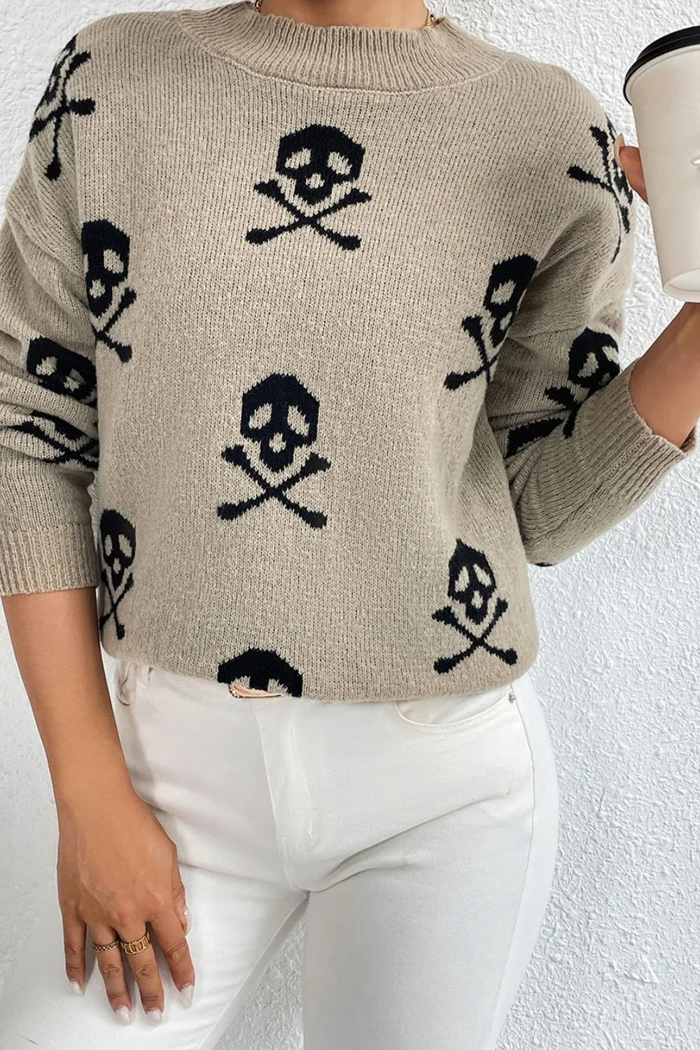 Graphic Mock Neck Dropped Shoulder Sweater - kinko
