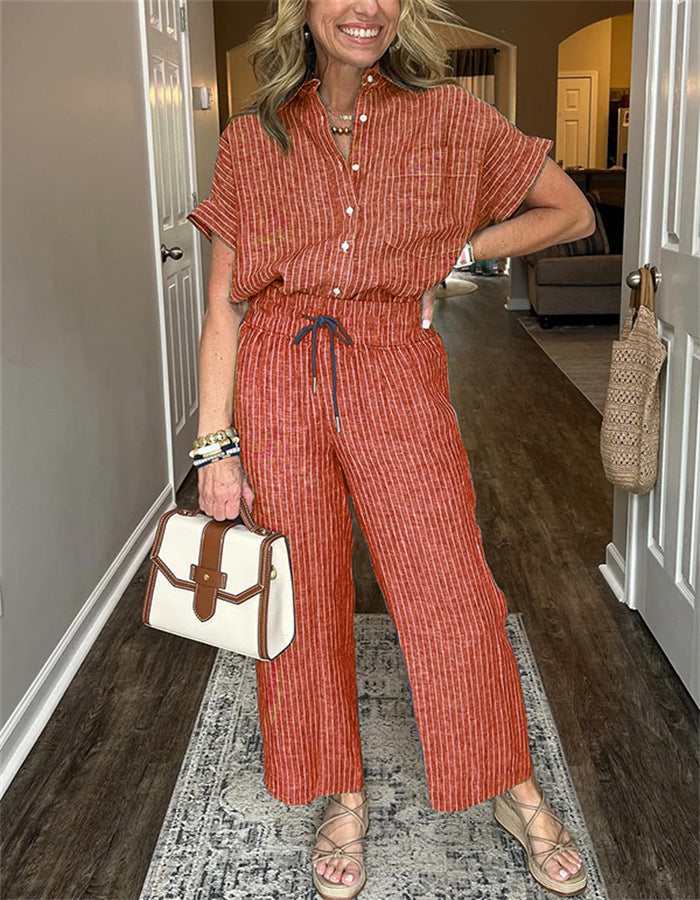 Women's Striped Suit Lapel Short Sleeve Straight Idle Style Trousers - kinko